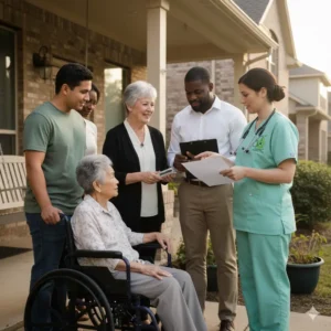 Interdisciplinary hospice team with family on porch