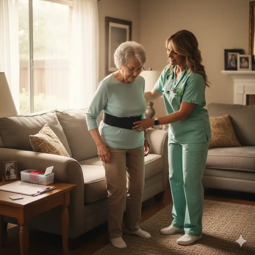 Caregiver assisting elderly woman to stand in living room.