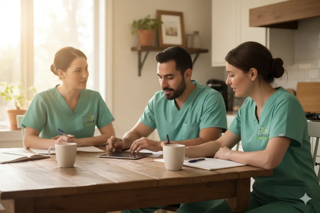 Care Plan Review Clinical team reviewing hospice plan in Sugar Land home
