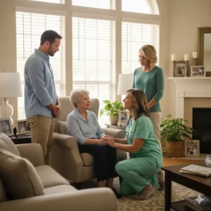 Aide with family in home living room.