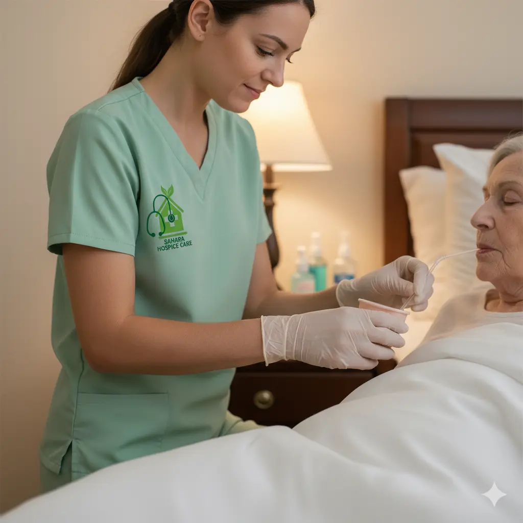 Close-up of aide providing oral care at bedside.