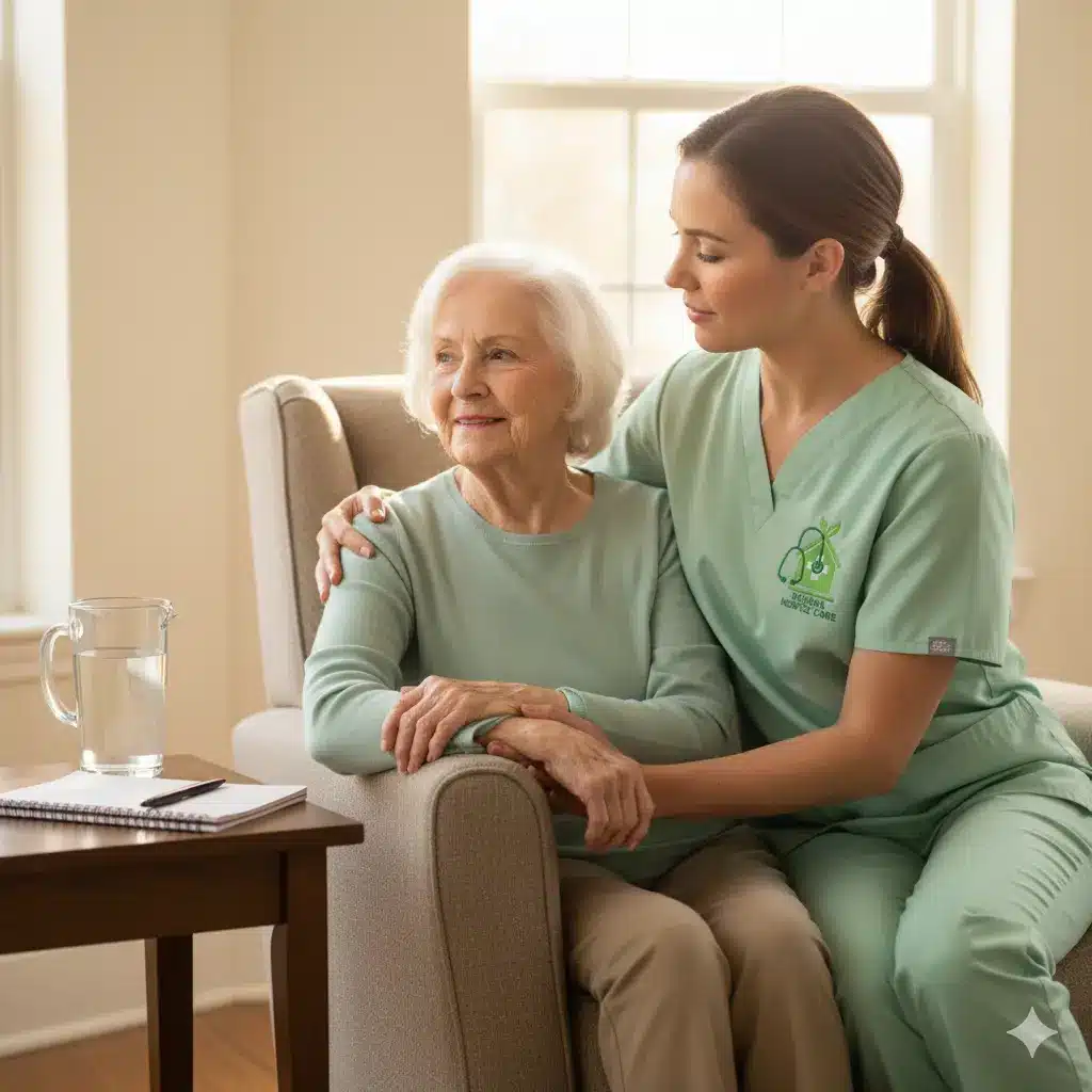 Hospice aide helping elderly woman sit up in living room.