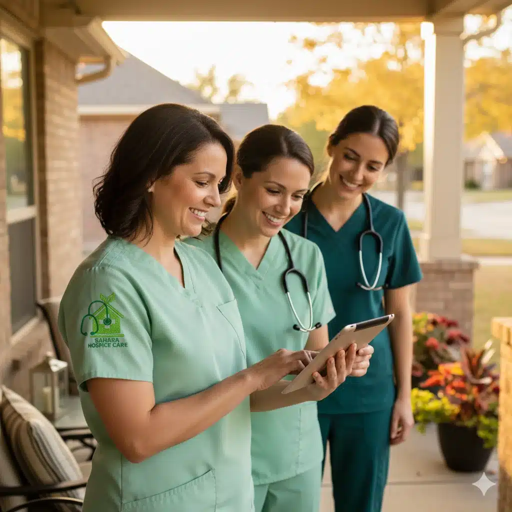 Home care team on a porch with tablet.