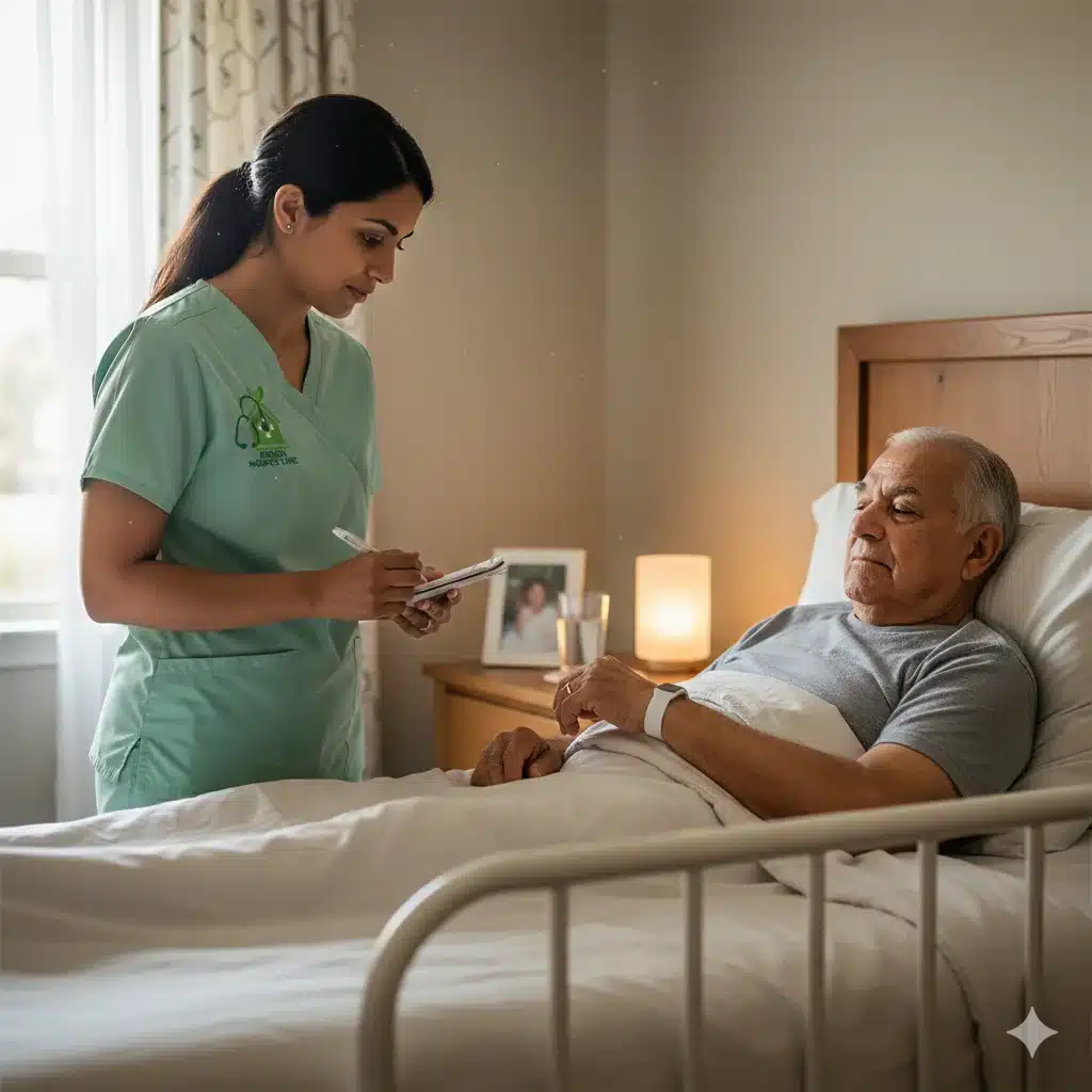 Caregiver performing nighttime safety check for elderly man