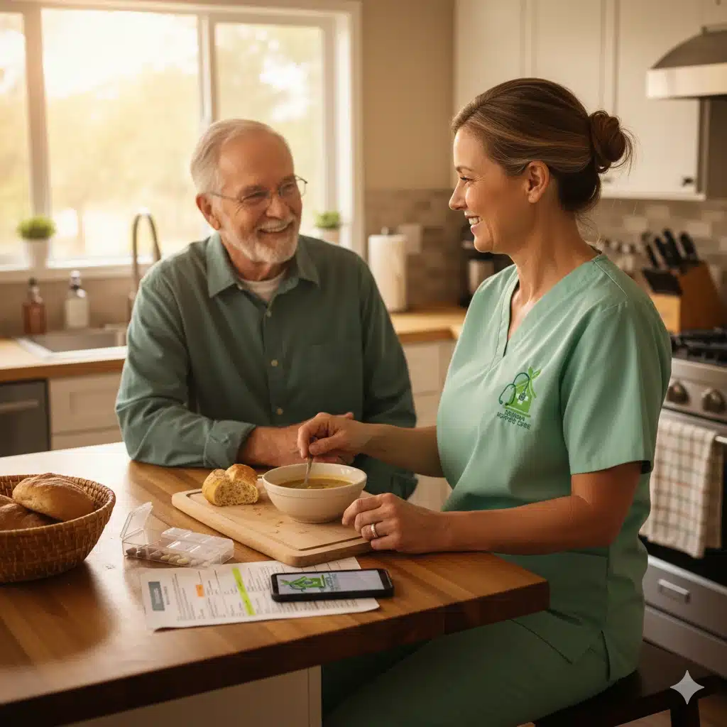Caregiver preparing lunch and talking with client.