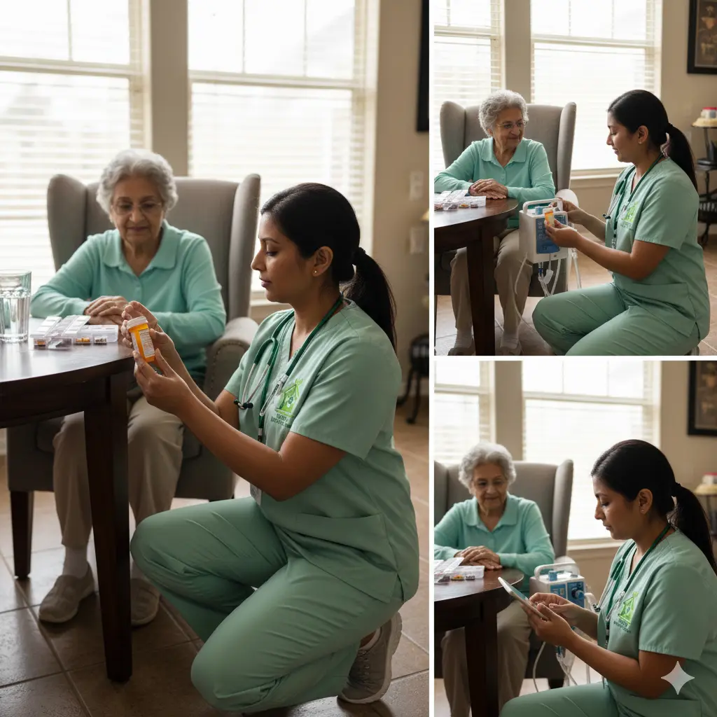 In-home hospice nurse reviewing medications with patient and caregiver