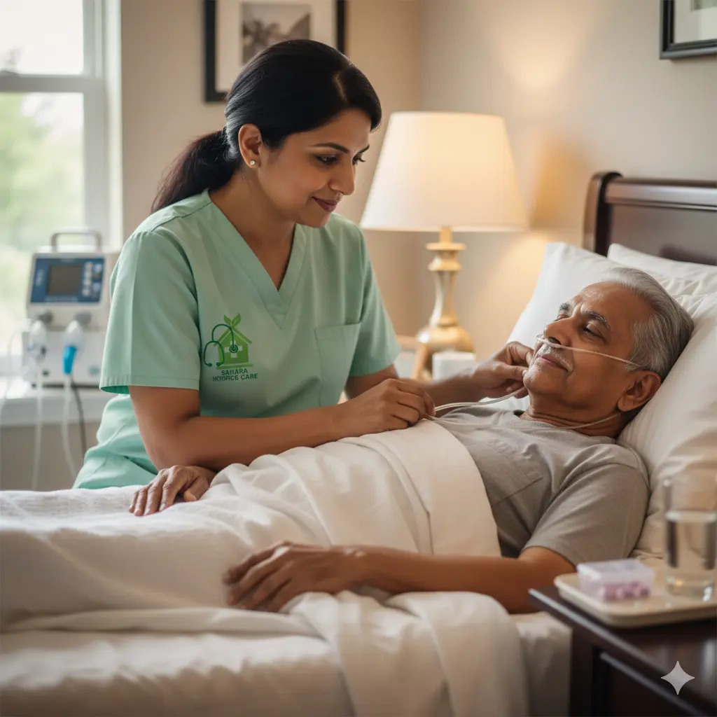 Hospice nurse managing breathing support Nurse adjusts oxygen for elderly man at home.