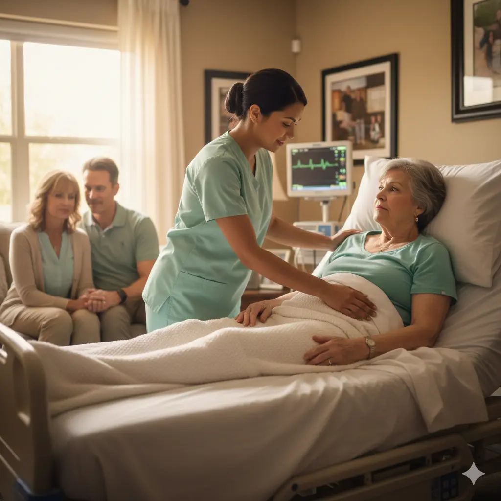 In-Home Hospice nurse providing palliative and end of life care at home while supporting patient comfort