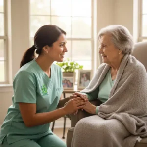 Compassionate Sahara Hospice nurse comforting elderly patient at home in Sugar Land