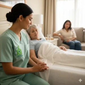 Hospice nurse caring for cancer patient at home
