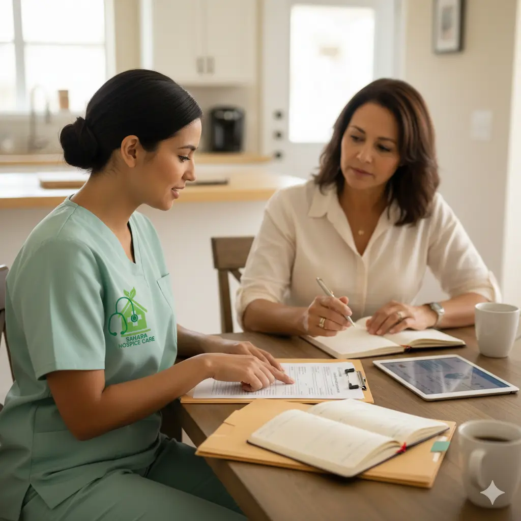 Family support through hospice care Caregiver meeting hospice nurse at home