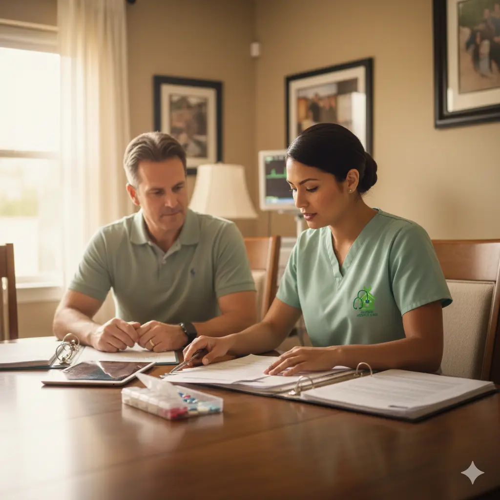 Family and Hospice Team Care Planning at Home Caregiver and hospice nurse reviewing a palliative and end of life care plan at home