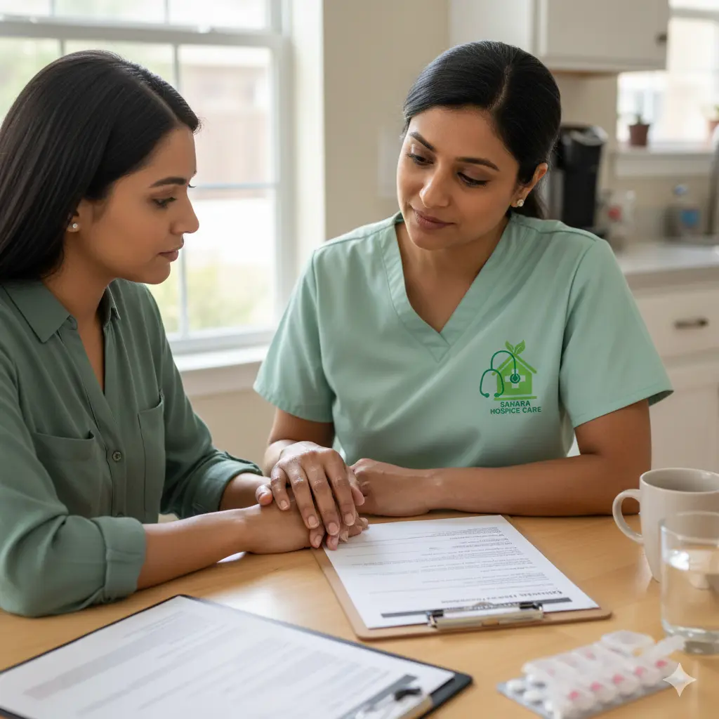 Nurse and family caregiver discuss care plan Nurse and caregiver review comfort plan at kitchen table, Sugar Land.