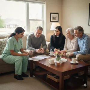 Interdisciplinary hospice team with family in living room.