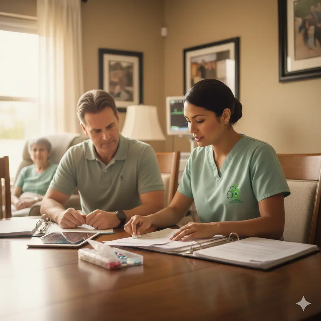 Home-Based Nurse adjusting medication during home-based palliative care visit for a cancer patient