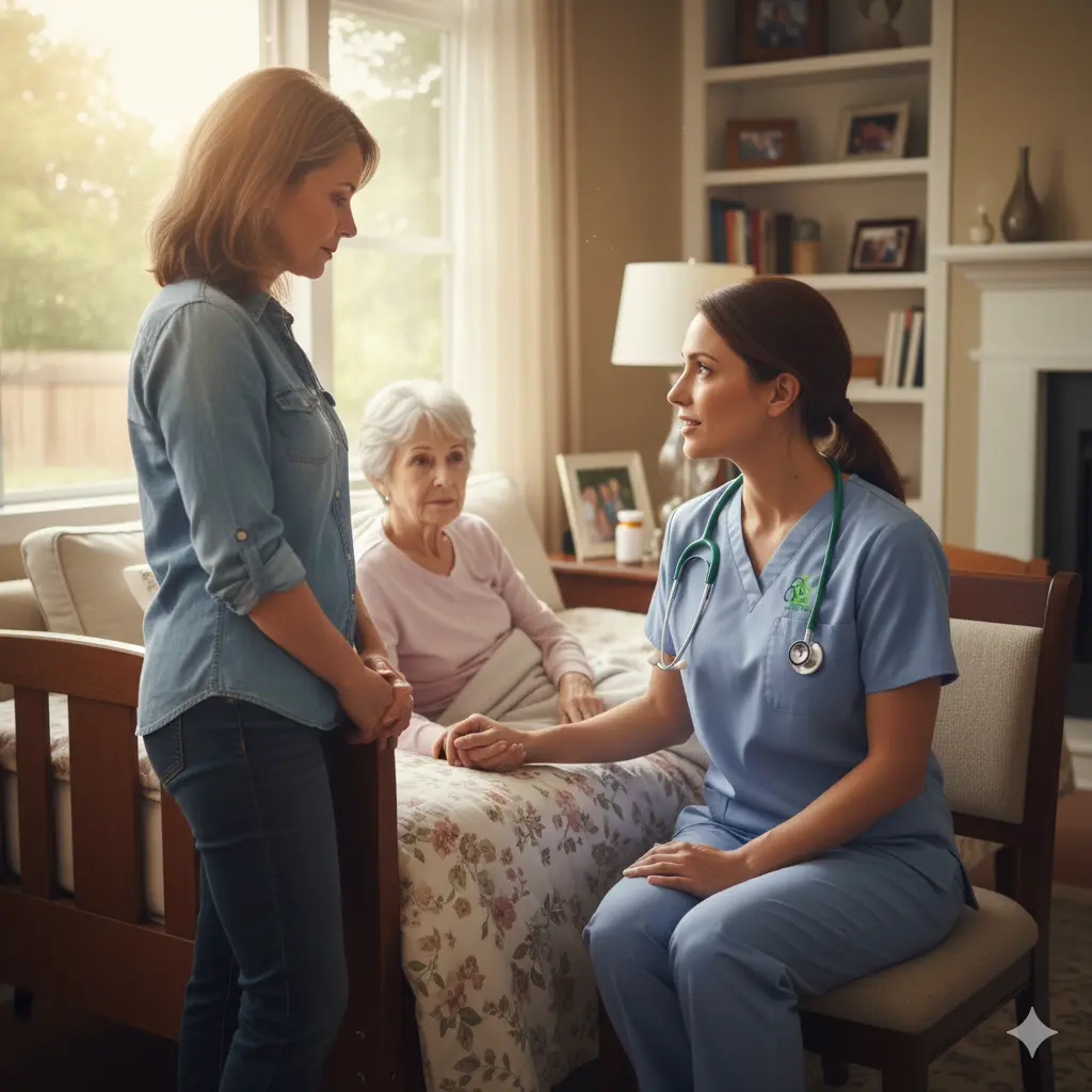 End Hospice nurse providing end of life care at home for a patient in Houston
