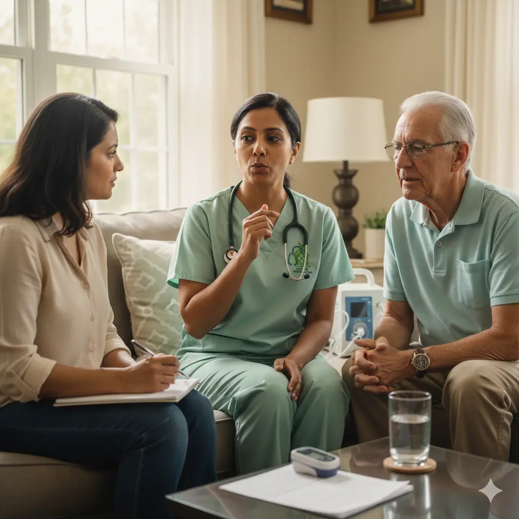 Breathing technique coaching for heart disease hospice Nurse teaching breathing techniques to heart failure patient