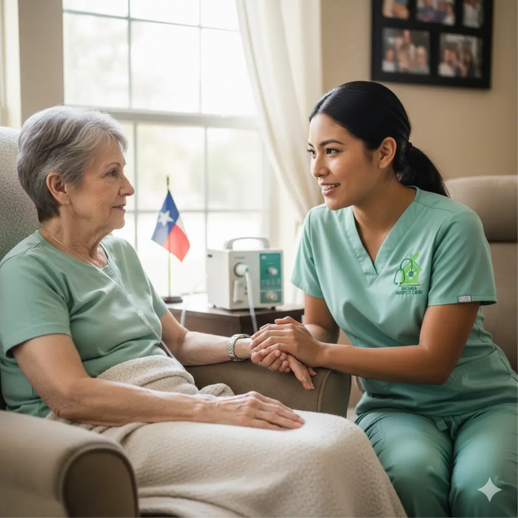 Palliative care nurse providing in-home care to a cancer patient in Sugar Land TX