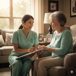 Hospice nurse discussing comfort-focused care with an elderly patient at home in Sugar Land TX