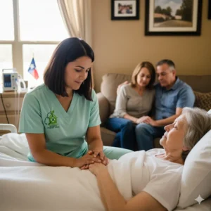Hospice nurse providing end of life care at home for a patient resting comfortably in bed