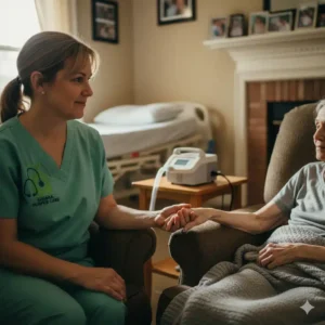 Nurse holding ALS patient's hand during a home hospice visit.