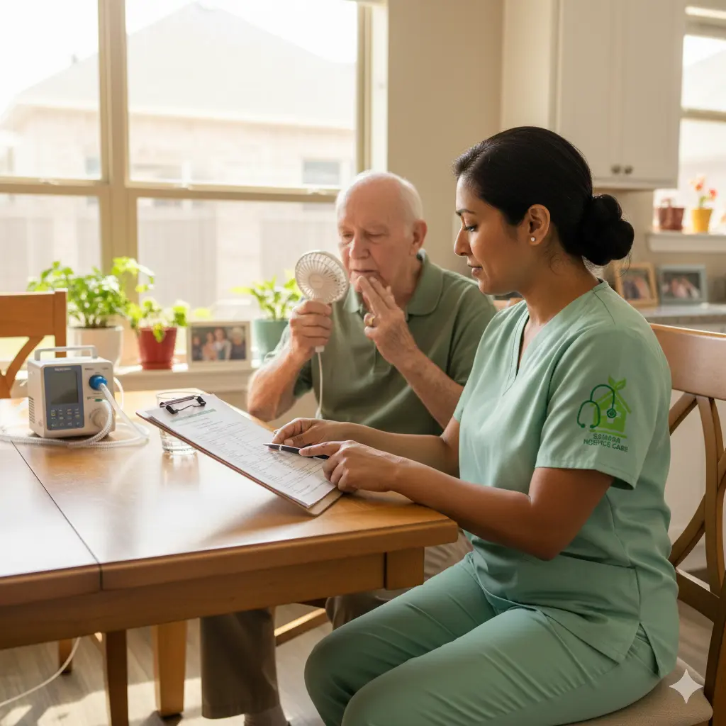 Nurse and patient reviewing heart disease hospice plan Nurse reviewing comfort plan with elderly heart failure patient at home