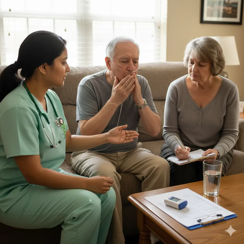 Managing symptoms of advanced heart disease at home Hospice nurse reviewing symptom and medication plan with heart failure patient at home