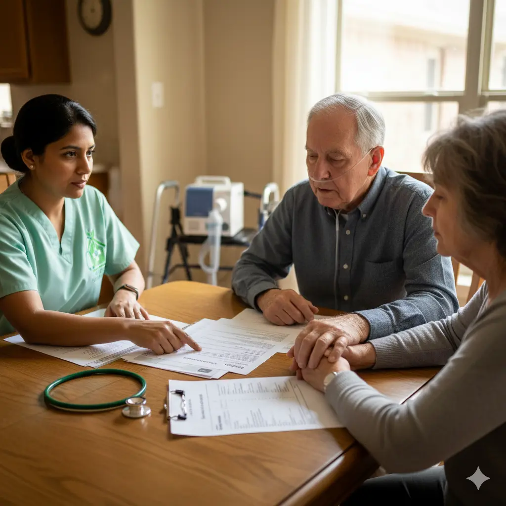 Hospice nurse reviewing symptom and medication plan with heart failure patient at home