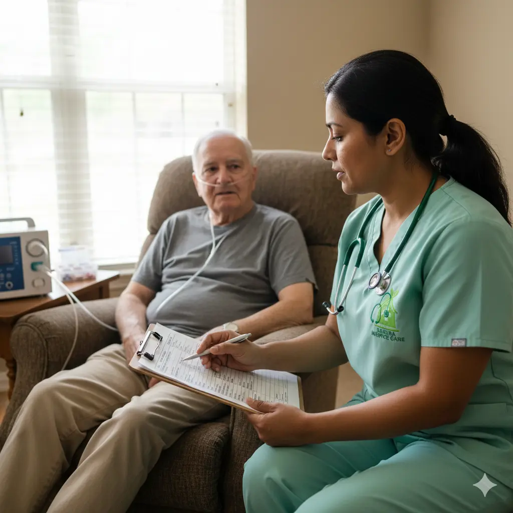 Managing symptoms of advanced heart disease at home Hospice nurse reviewing symptom and medication plan with heart failure patient at home