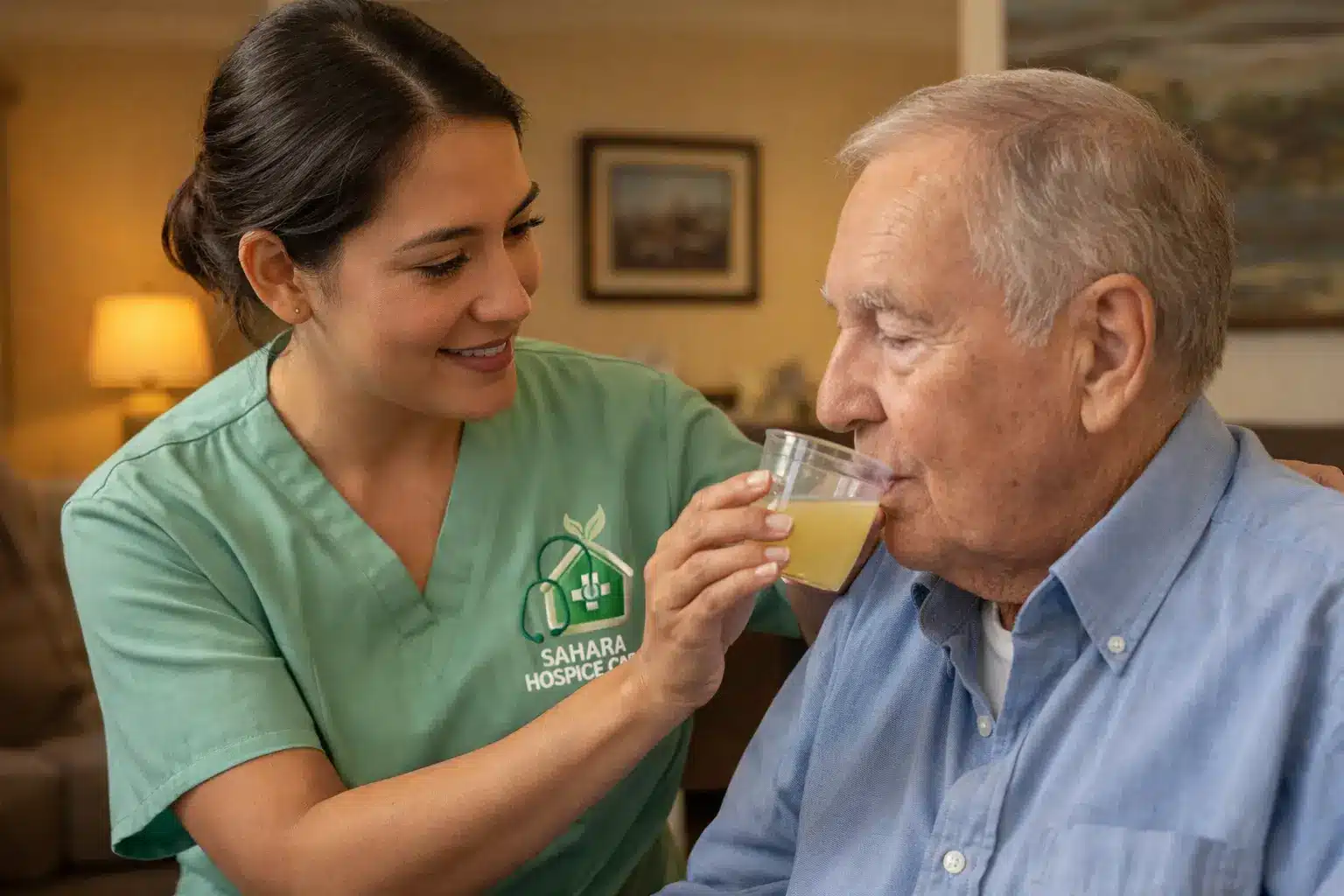 In-Home Dysphagia Care and Safe Swallowing Support Hospice nurse helping an elderly patient with dysphagia practice safe swallowing using thickened liquids at home