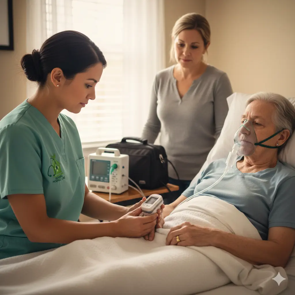 Hospice nurse checking oxygen oximeter for patient on oxygen mask at home with family support
