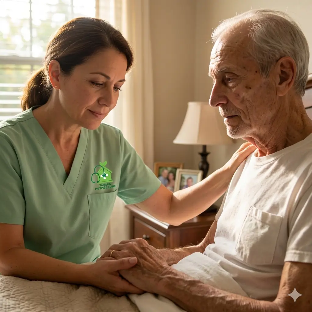 Hospice nurse comforting an elderly patient with anorexia end of life at home in Sugar Land Texas