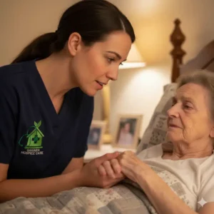 Hospice nurse comforting elderly patient at home for terminal restlessness