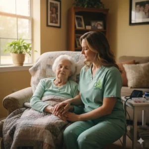 Hospice memory care nurse supporting dementia patient at home