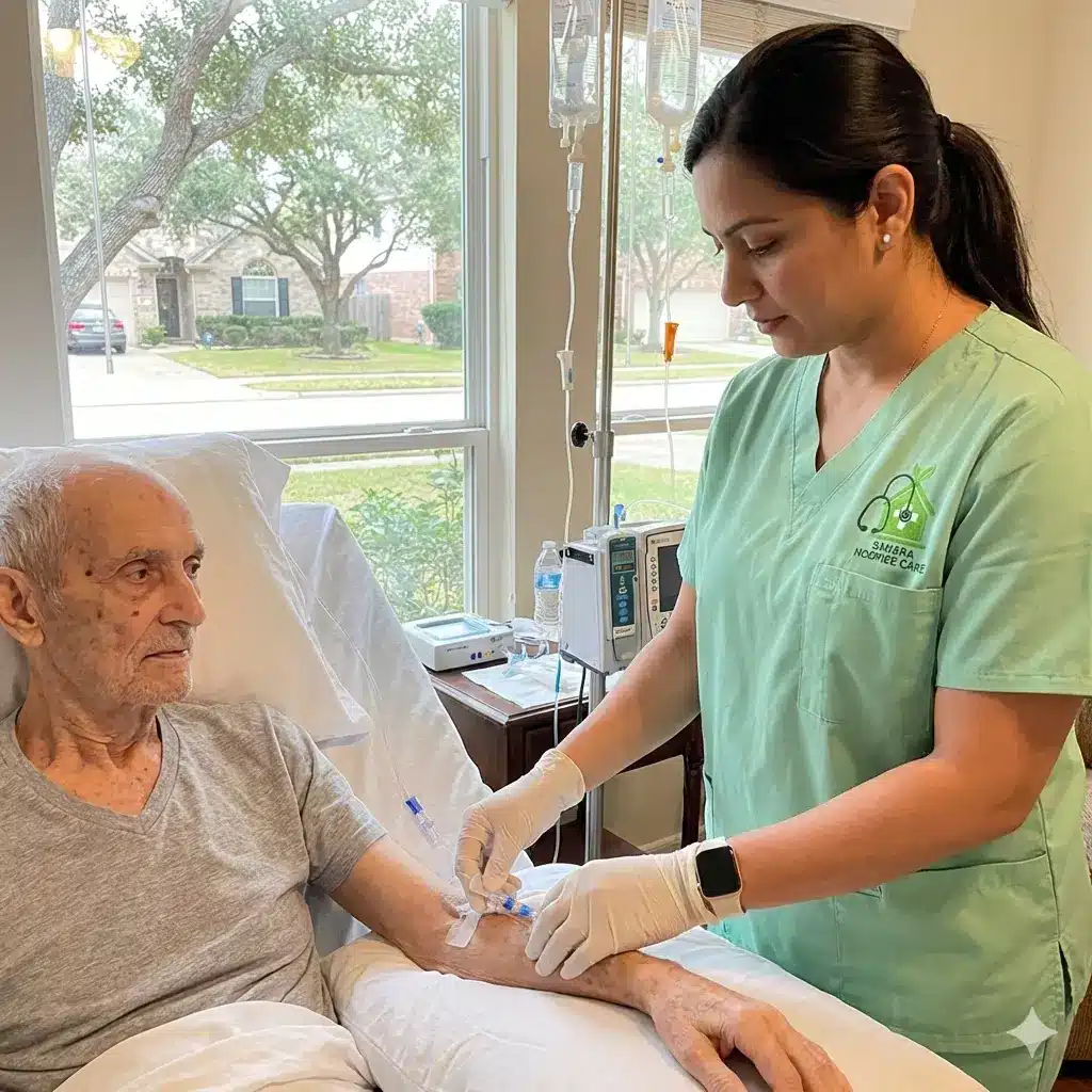 Hydration Support for End-Stage Anorexia in Hospice Care at Home Hospice nurse providing hydration support for an end-stage anorexia patient during in-home hospice care