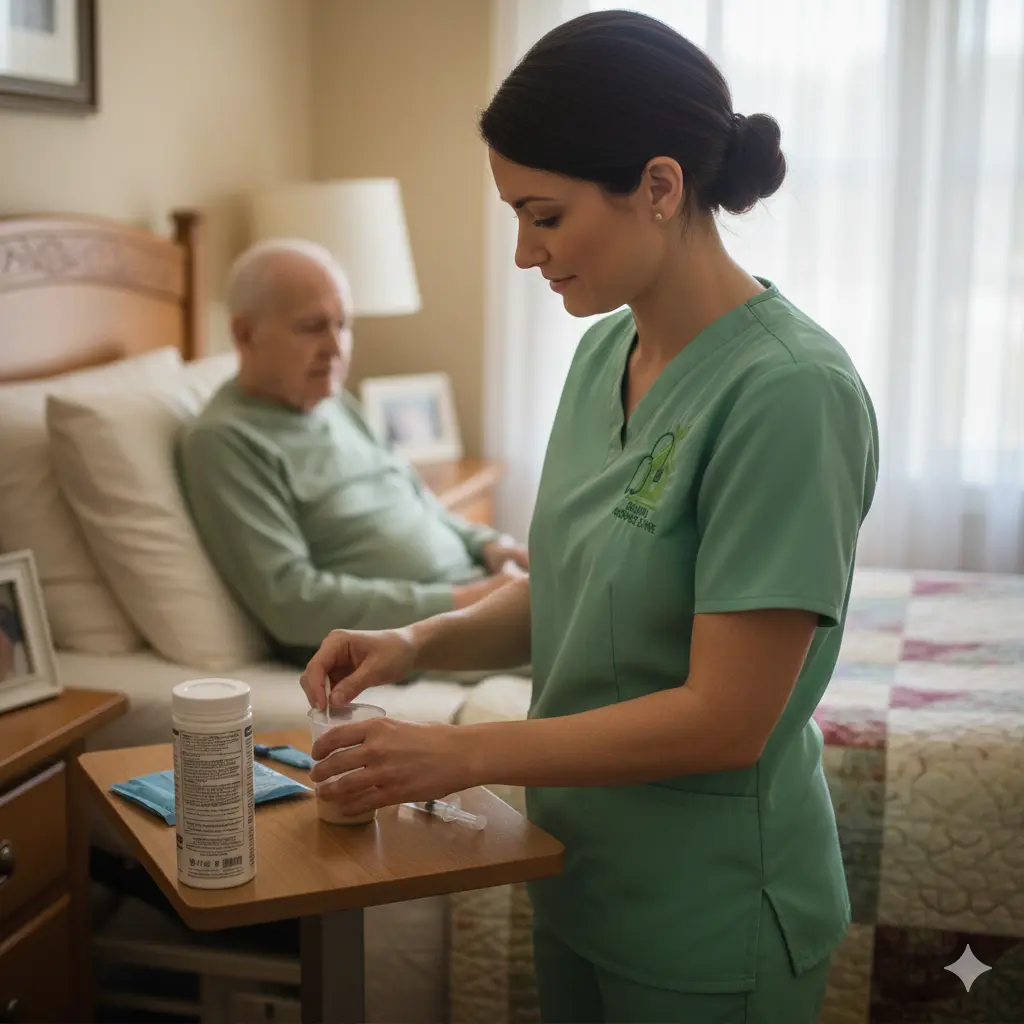 In-Home Dysphagia Care and Safe Swallowing Support Hospice nurse adjusting patient positioning and preparing thickened liquids to support safe swallowing at home