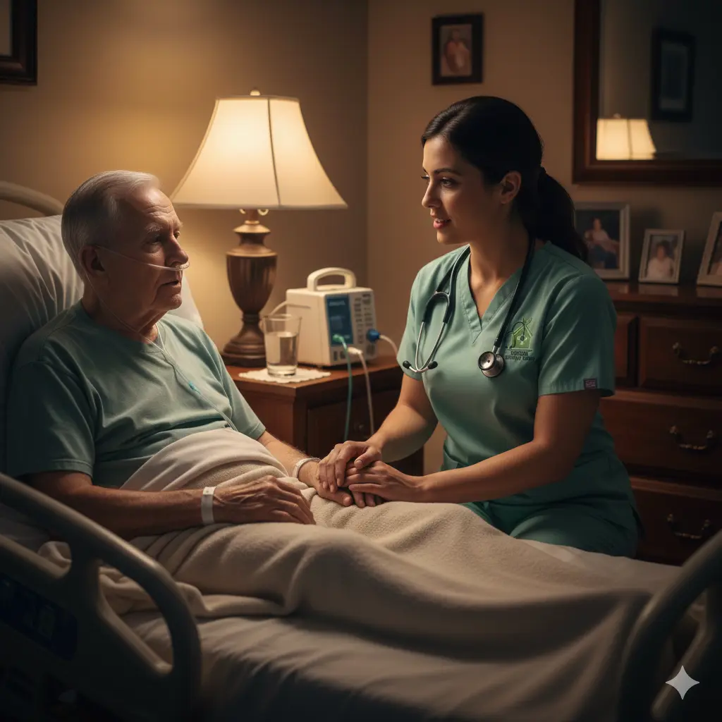 24/7 CHF Hospice Symptom Support CHF hospice care nurse providing nighttime breathing support