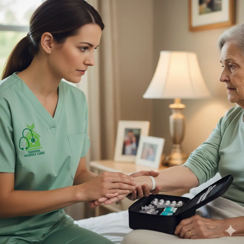 Clinical Symptom Management in Home Hospice Care Hospice nurse administering comfort medication to manage terminal restlessness