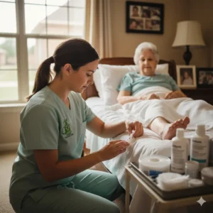 Palliative wound care provided at home by hospice nurse