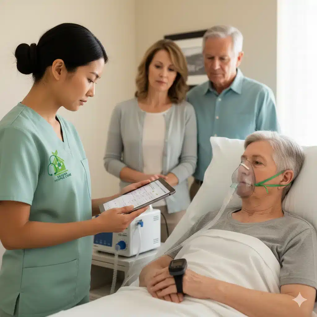 In-Home Hospice Nurse Checking Oxygen Levels Hospice nurse checking pulse oximeter for patient on oxygen mask during in-home care