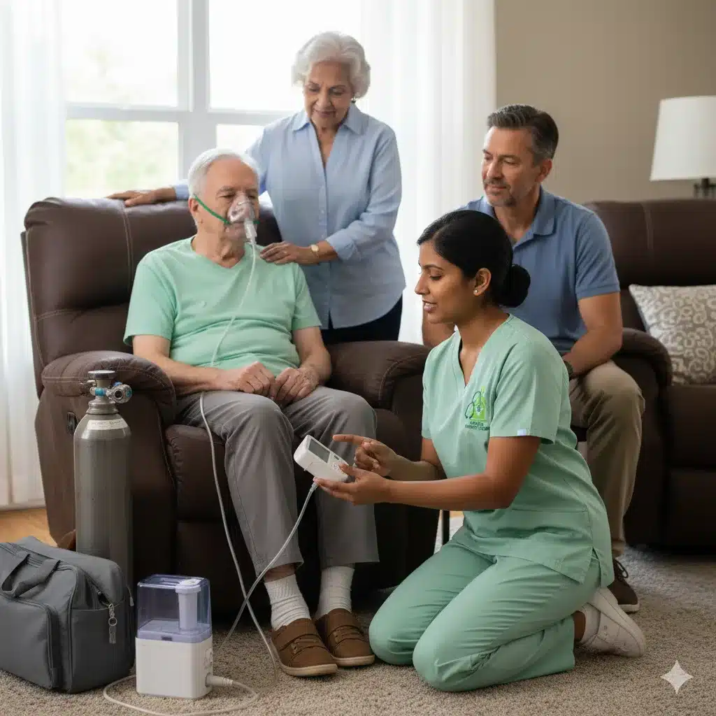 Hospice Nurse Guiding Family During In-Home Oxygen Care Hospice nurse educating family about oxygen care for patient at home
