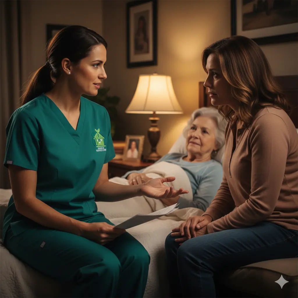 Hospice nurse explaining 24-hour in-home hospice care options to a family member beside an elderly patient at home