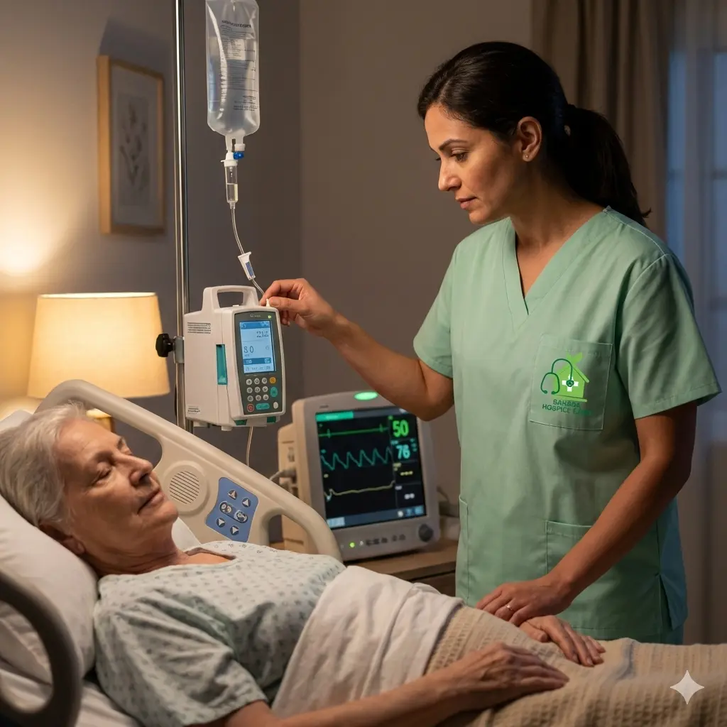 Hospice nurse providing continuous nighttime home hospice care while monitoring vital signs and IV medication