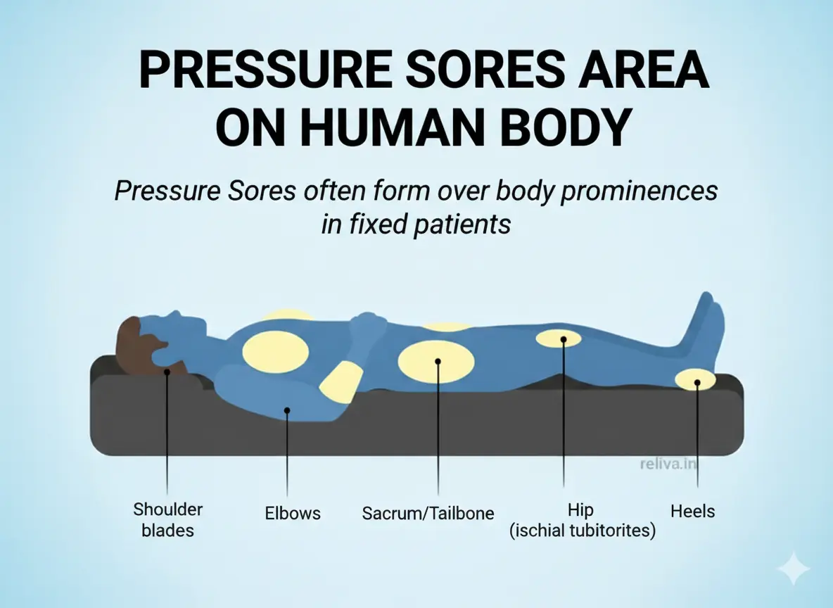 Illustration showing common pressure sore areas on a bedridden patient, including shoulder blades, elbows, sacrum or tailbone, hips, and heels.