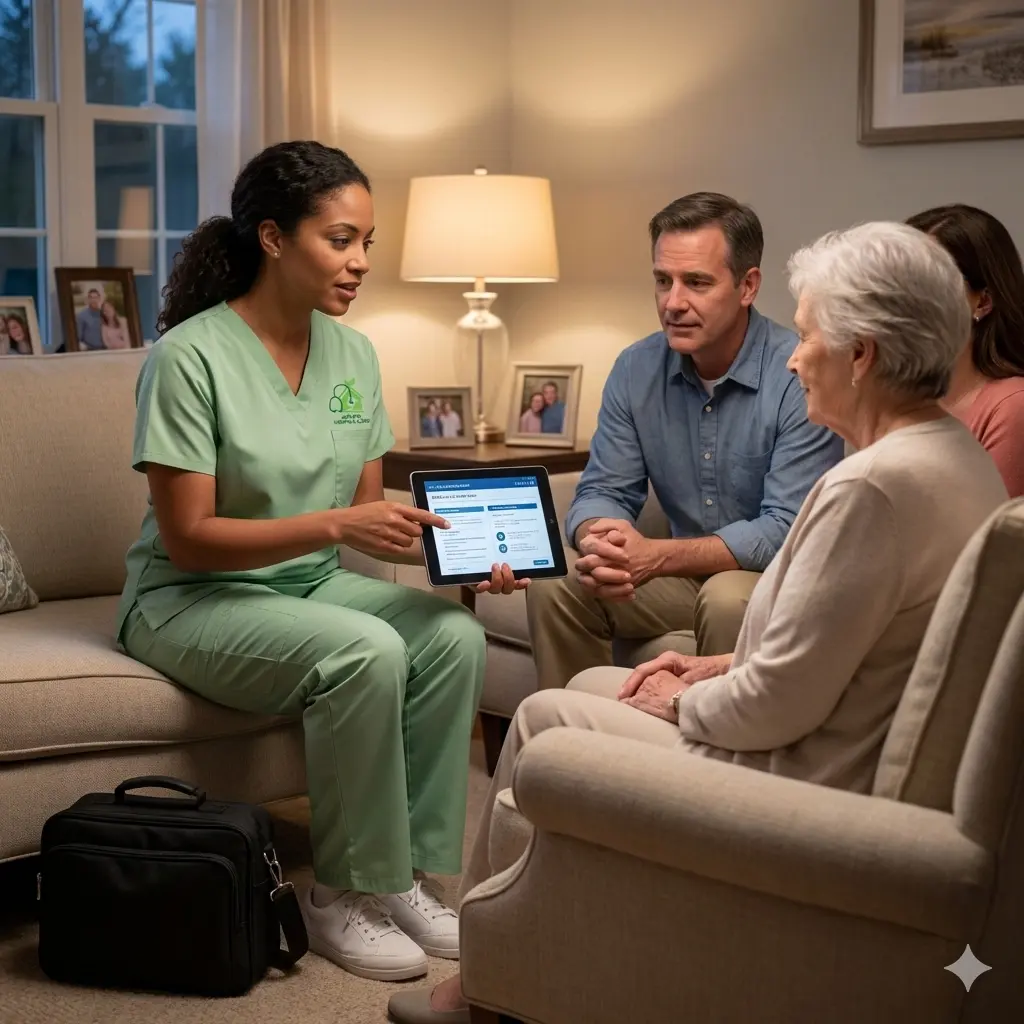 Hospice nurse explaining Medicare hospice coverage to an elderly patient and family members at home