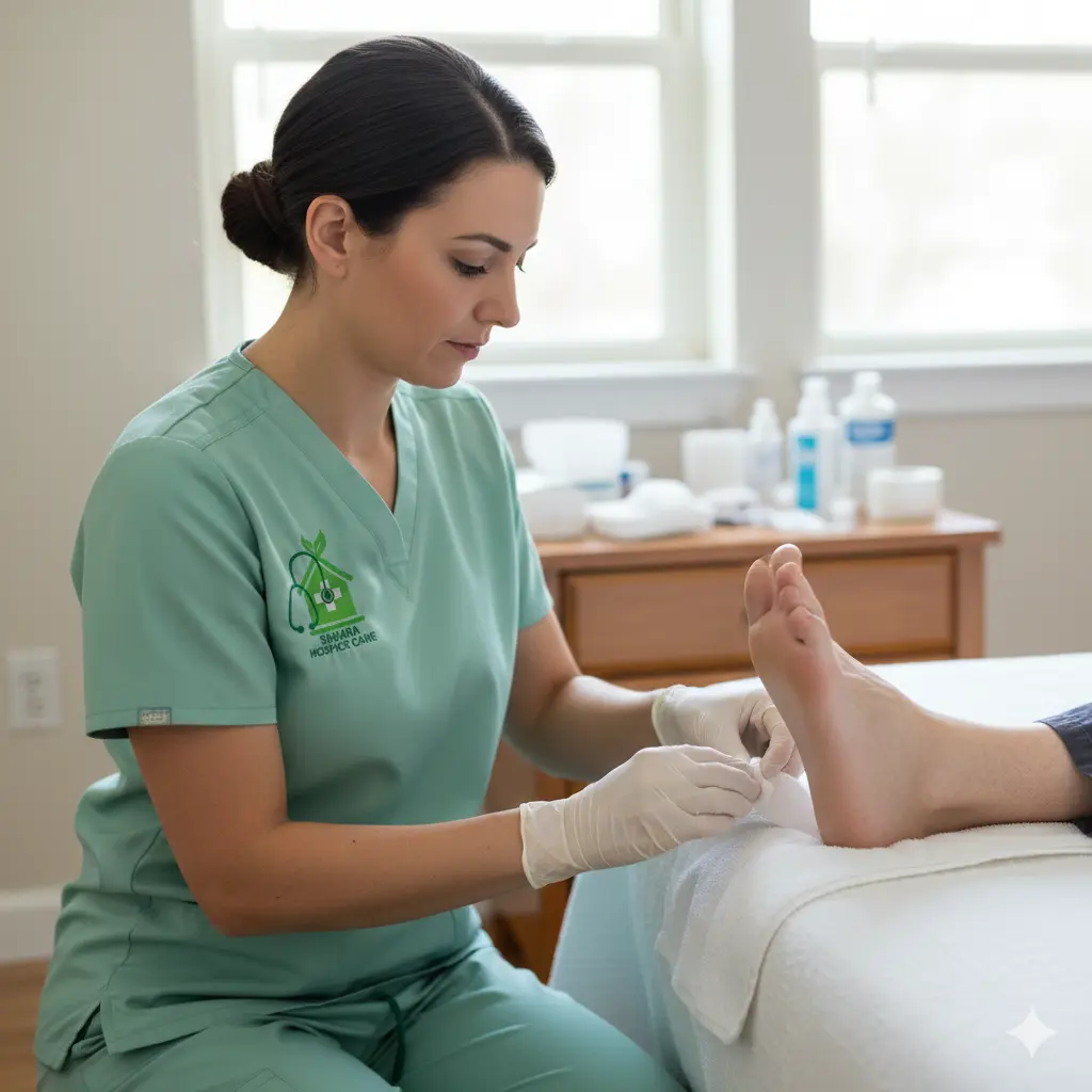 In-Home Diabetic Foot Skin Care by Skilled Hospice Nurse Hospice nurse inspecting and dressing a diabetic foot wound during in-home skin care in a bedroom setting