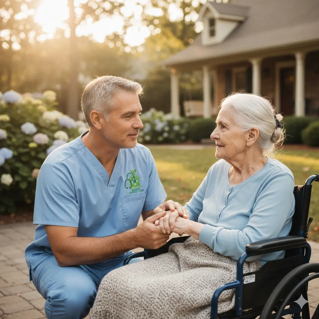 Compassionate Hospice Care Delivered at Home Compassionate hospice nurse providing supportive in-home care to an elderly patient outdoors