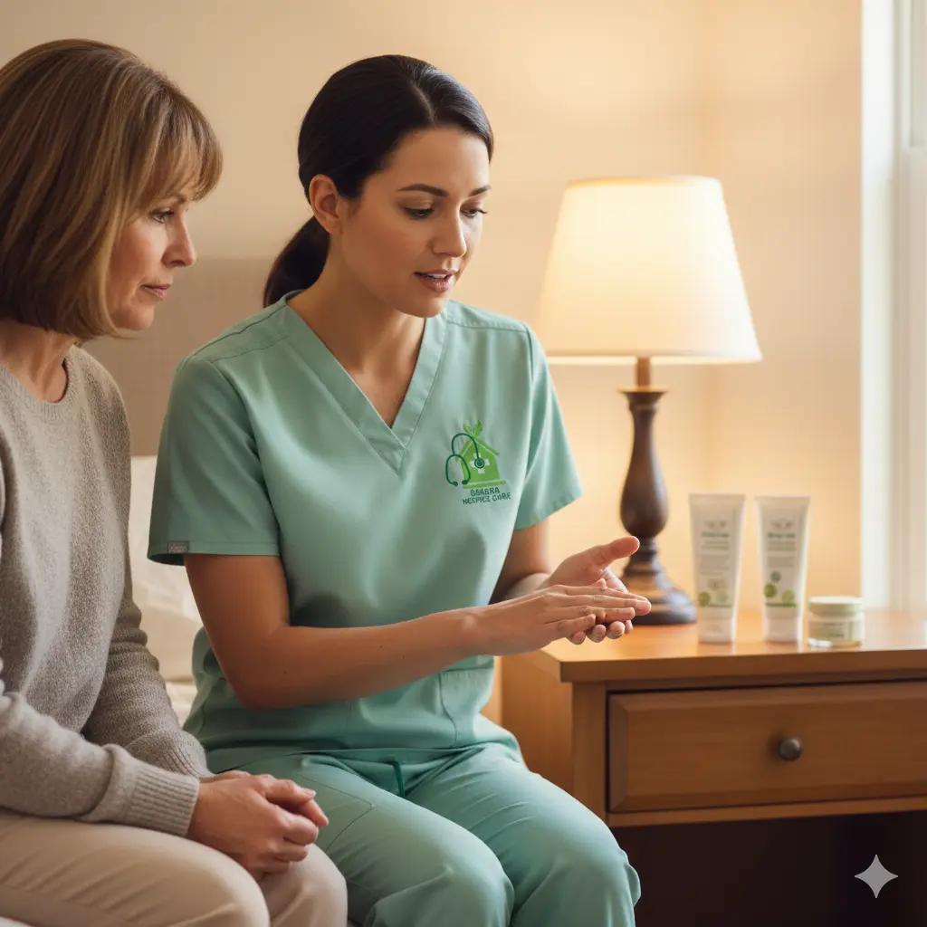 Bedtime In-Home Diabetic Skin Care Guidance for Families Hospice nurse teaching a family member and elderly patient how to apply moisturizers during bedtime in-home diabetic skin care