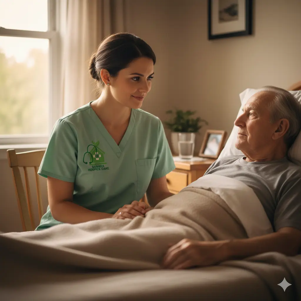 Hospice nurse providing emotional support during bedridden patient care at home