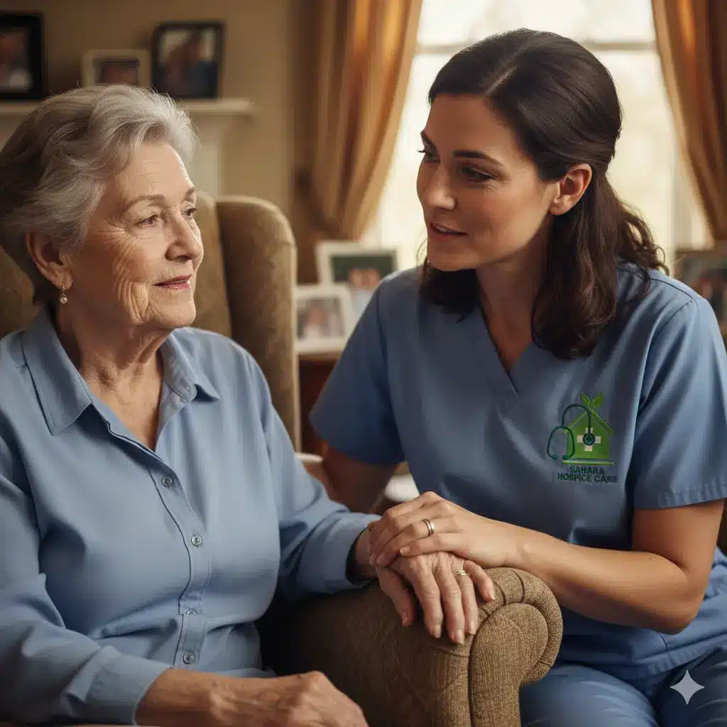 Hospice nurse providing emotional support to a patient with macular degeneration at home